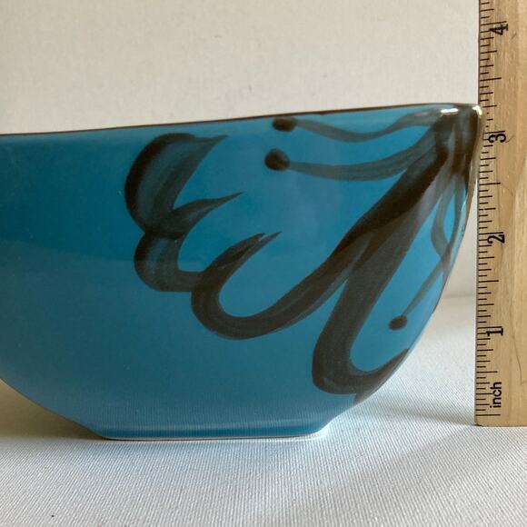 PIER ONE Cereal Bowl Blue Hibiscus Brown Interior Square 5.5" Discontinued - Picture 8 of 9